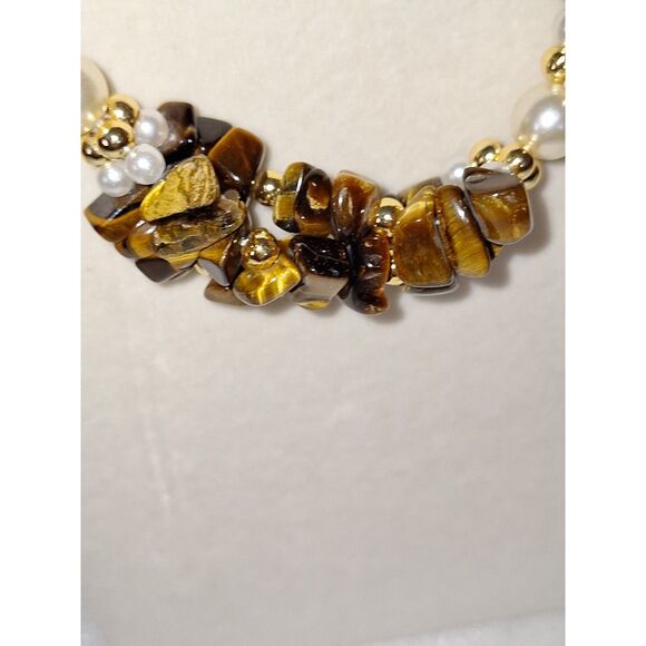 A Vintage Women's Necklace Tiger Eye Chips Faux Pearls Exquisite Luxurious - Picture 2 of 10